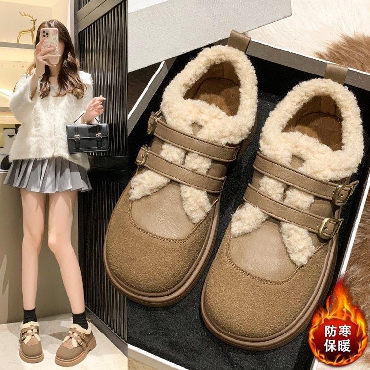 回力瑞品牌真皮毛毛鞋女2023新款秋冬季复古爆款加绒乐福鞋休闲豆