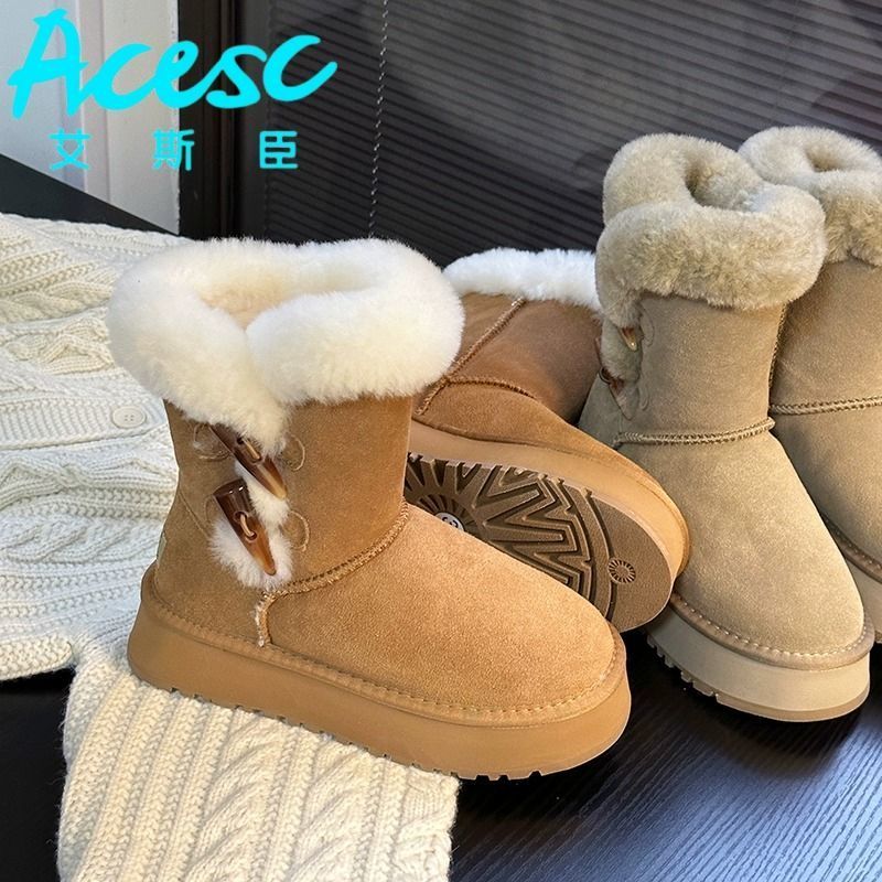 回力瑞厚底网格雪地靴女冬季网红加绒加厚增高轻便牛角扣皮毛一体