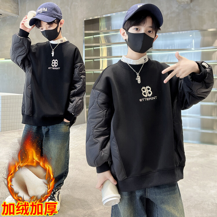 男童冬装加绒卫衣2023新款儿童加厚套头打底上衣一体绒大童韩版潮