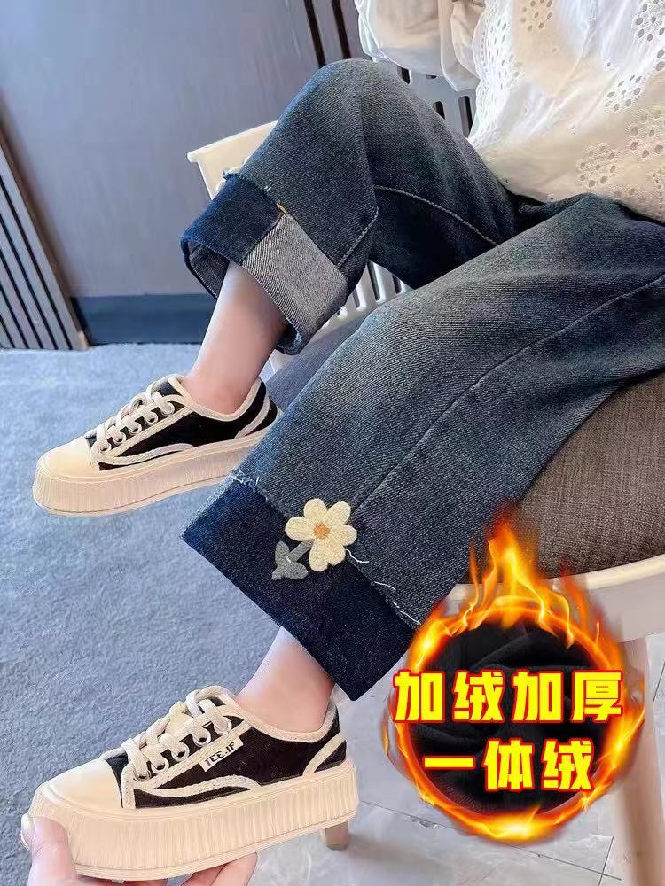 女童加绒牛仔裤秋冬装2023新款洋气儿童宽松直筒长裤一体绒阔腿裤