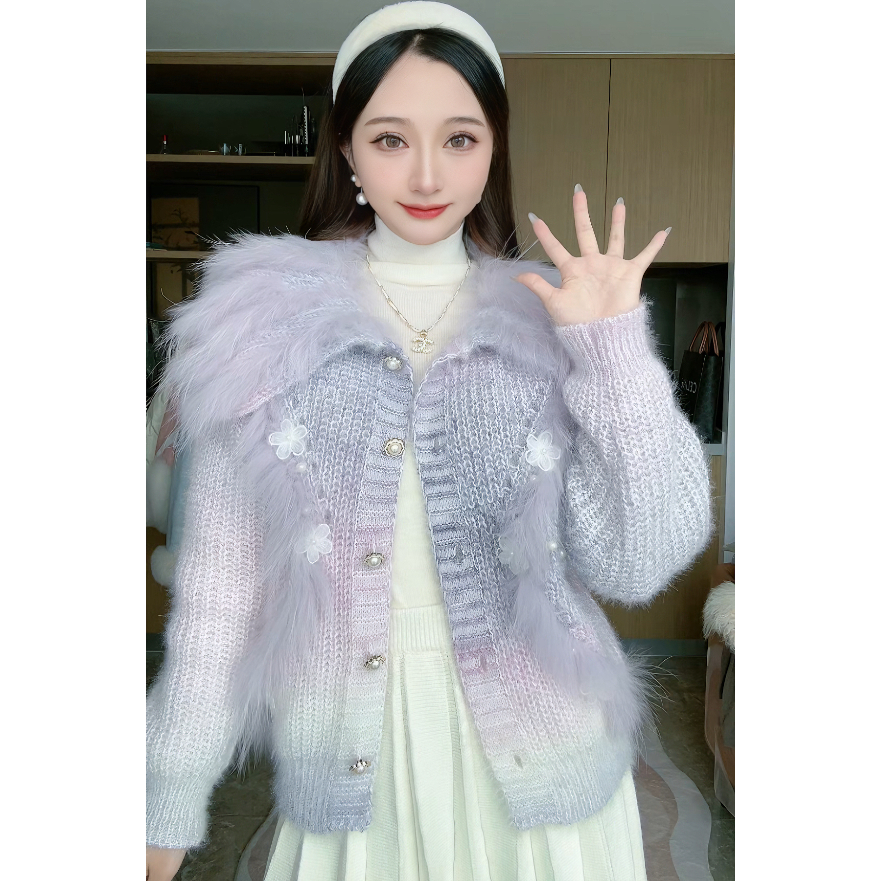 秋冬渐变色加厚毛衣短款大翻领拼接貉子毛开衫外套百搭气质时尚