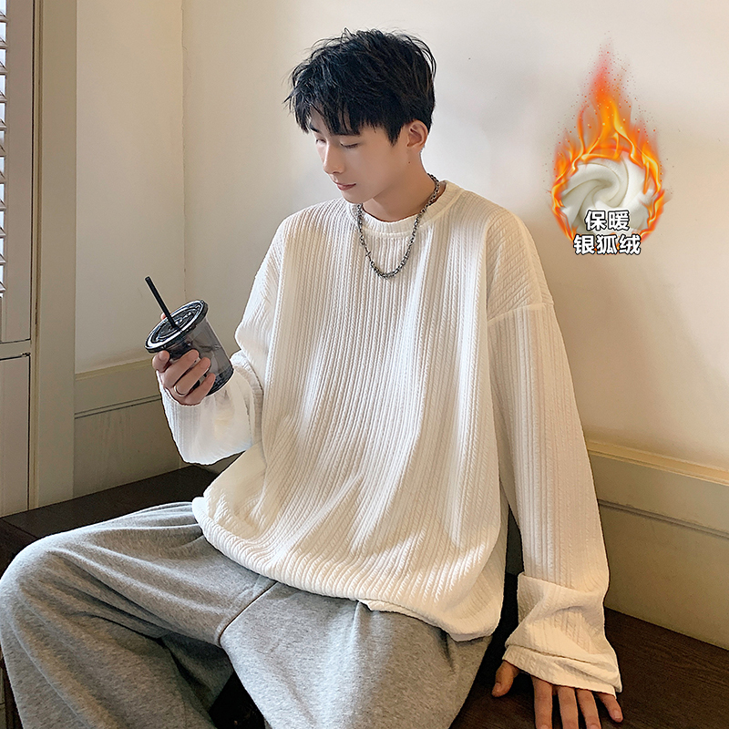 银狐绒提花圆领卫衣男冬季宽松打底衫ins加绒加厚大码上衣长袖T恤