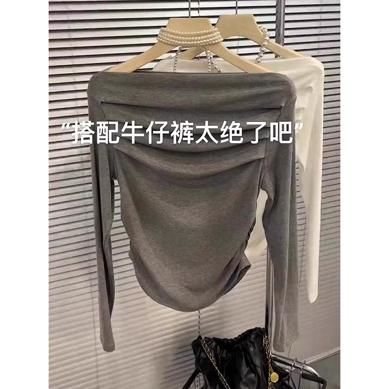 港味chic正肩长袖灰色t恤一字肩上衣女秋季2023新款高级感打底衫