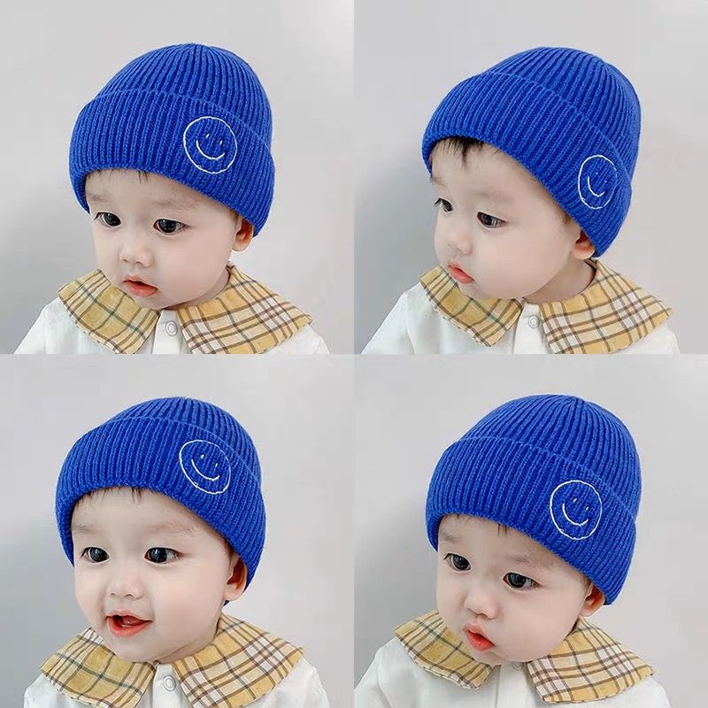 （郝叔专属）韩国婴幼儿可爱刺绣笑脸儿童针织帽宝宝保暖毛线帽潮