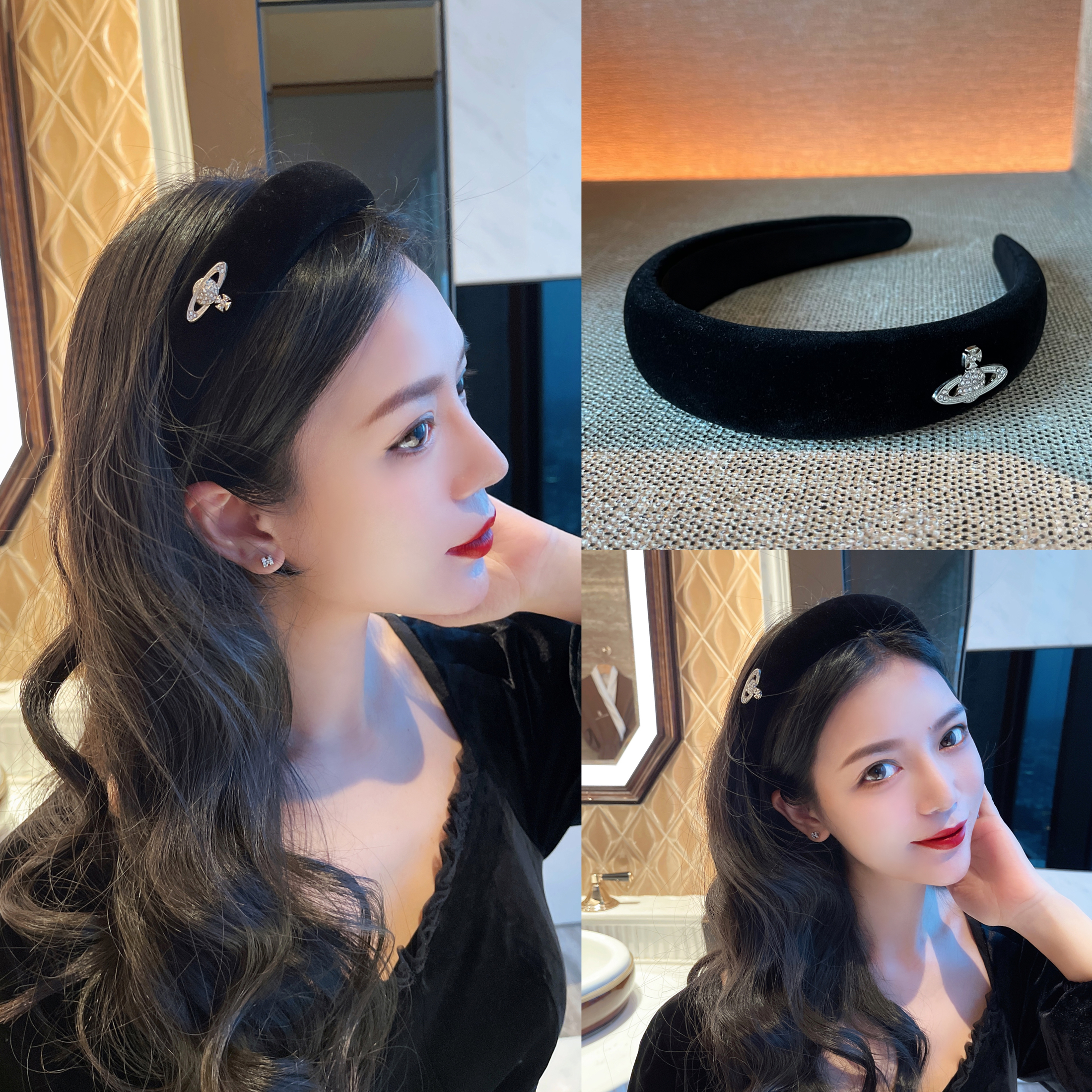 杨杨babytime高级感秋冬丝绒满钻土星高颅顶发箍彗星名媛显白头箍