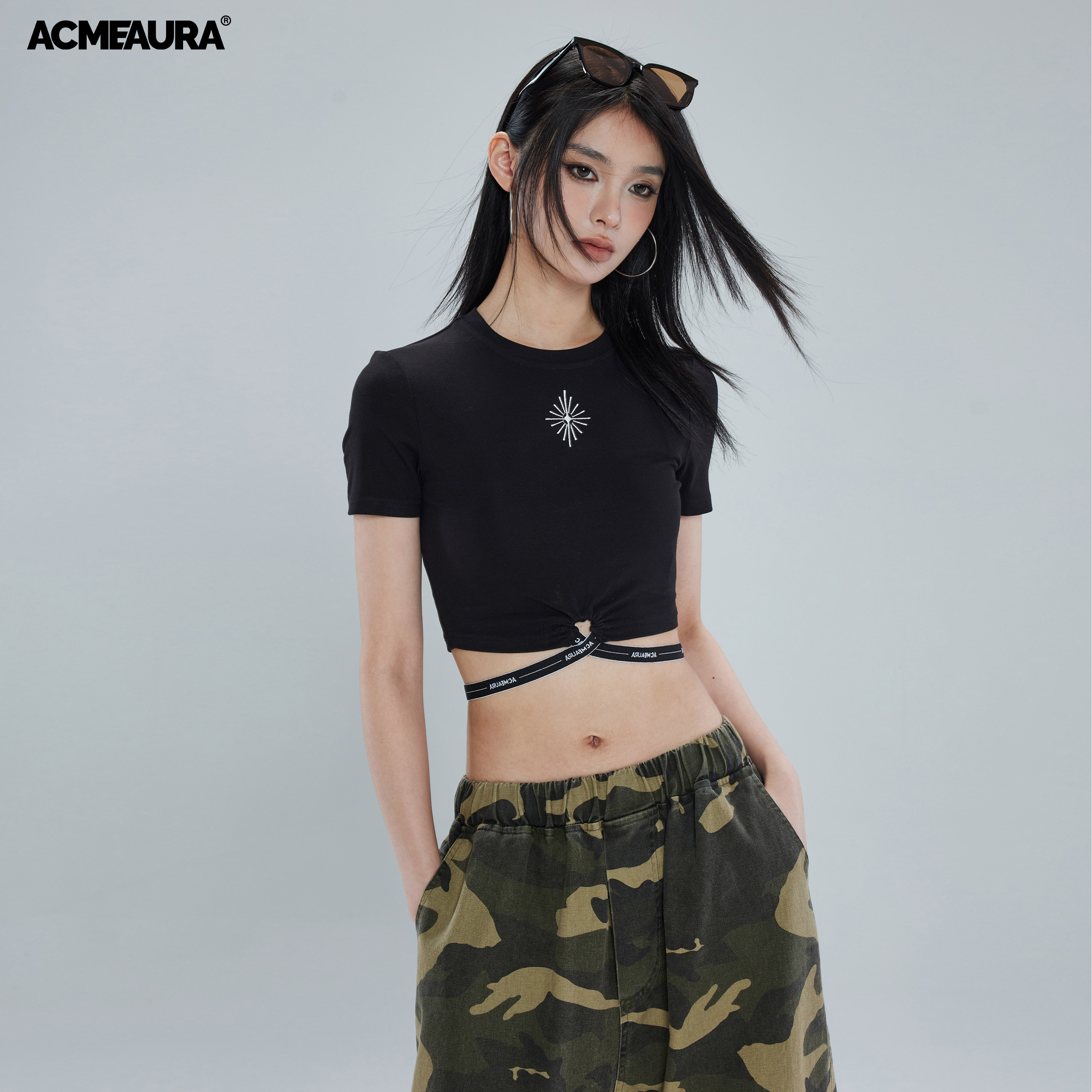 ACMEAURA跳舞街舞小众紧身高腰绑带jazz性感女短袖撞色洋气T上衣