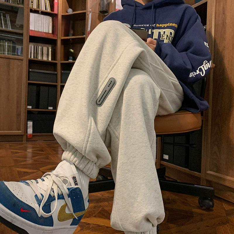 阔腿束脚加绒卫裤女秋冬2023新款韩版ins运动黑色裤子直筒休闲裤