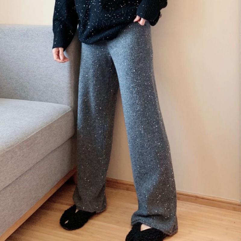 星空亮片灰色裤子软糯裤针织阔腿裤女秋冬垂感拖地外穿裤高腰春秋