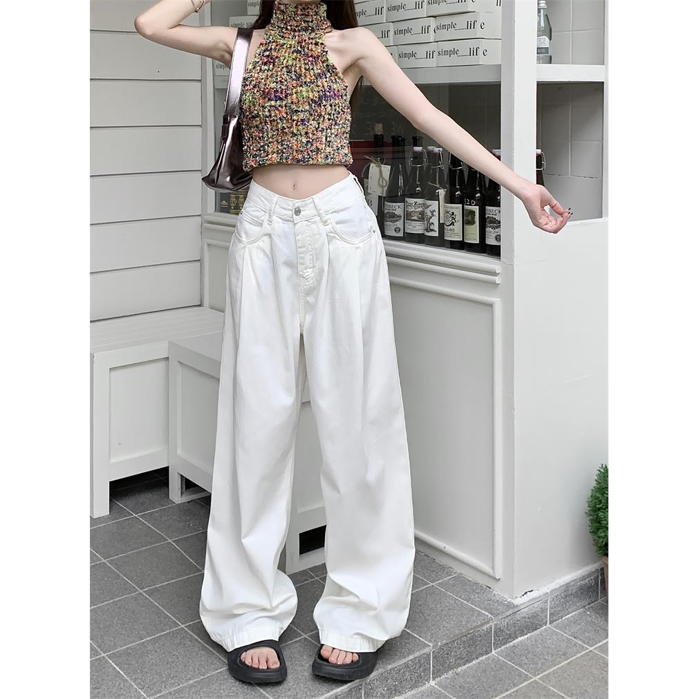 白色软牛仔长裤女装秋季新款低腰宽松直筒裤垂感阔腿拖地休闲裤子