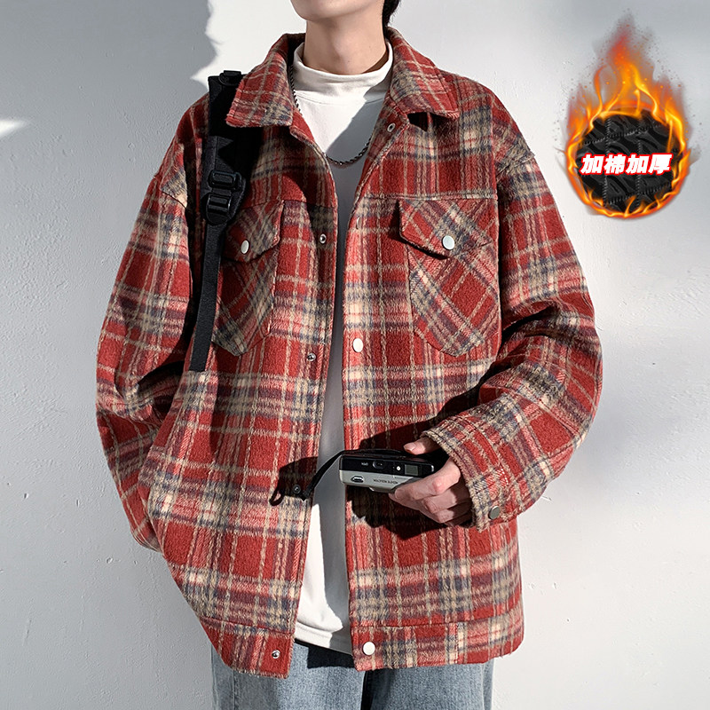 港风格子夹克男士秋冬季新款加棉加厚宽松男生翻领外套上衣J1606J