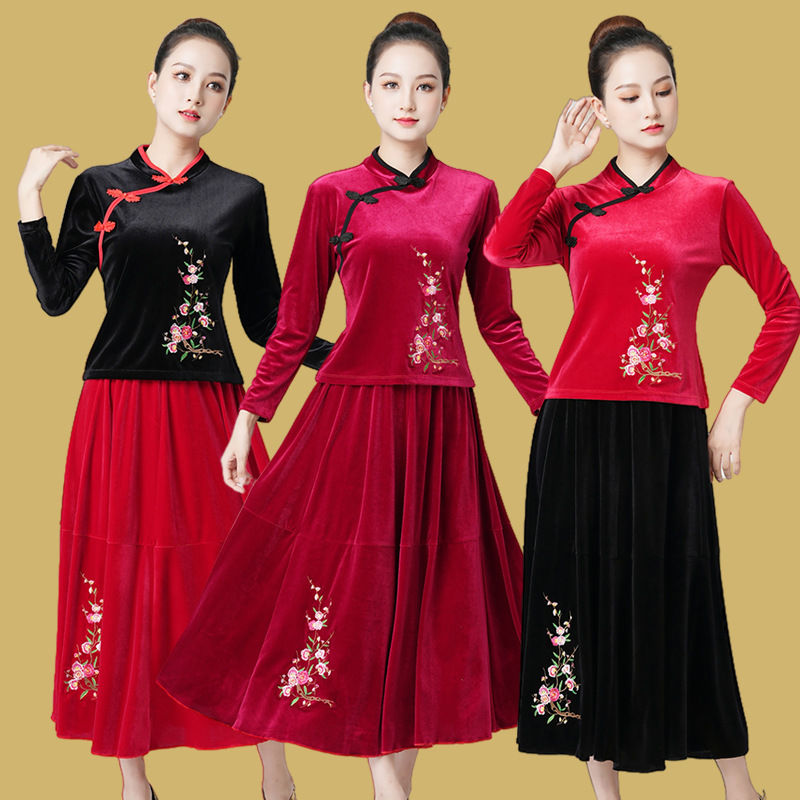 GT9216金丝绒长袖绣花广场舞服装套装中老年秋冬舞蹈服跳舞衣服女