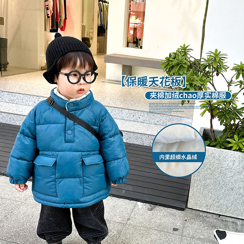 阿小轩童装冬装新品男童加厚加绒气质蓝棉服宝宝棉袄防寒外套