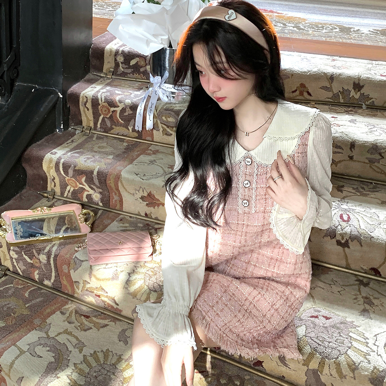 新款时尚粉色小香风流苏连衣裙法式娃娃裙小个子学院风高级长袖