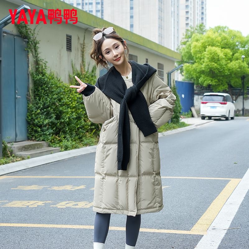 YAYA/鸭鸭【YE3B612341A】鸭鸭2023新款拼接针织连帽女中长款羽绒服