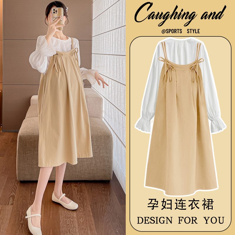 孕妇春装连衣裙2024新款大码高级感小清新遮肚子背带裙套装春秋款
