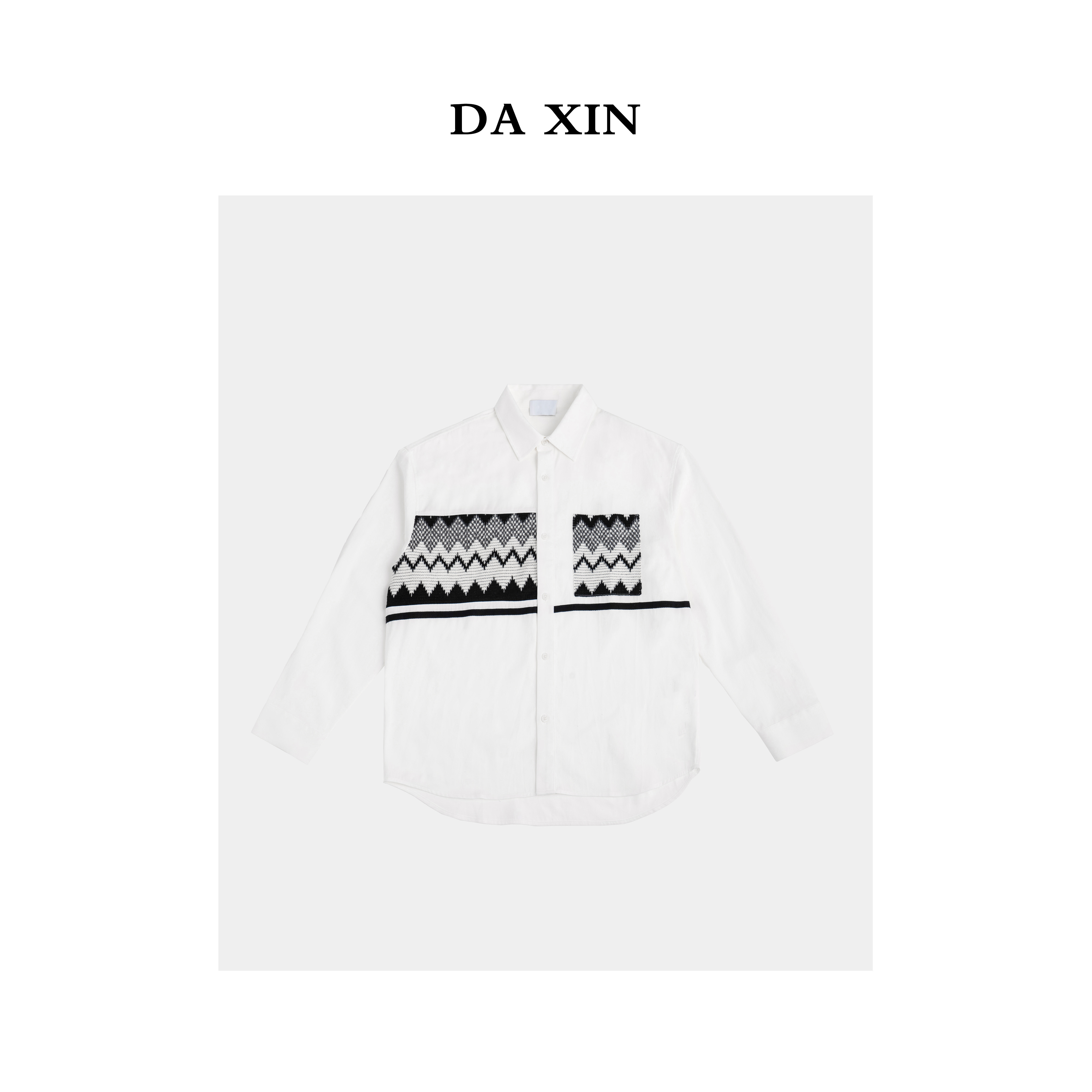 DA XIN 秋季新款民族风复古几何设计款衬衫男百搭拼接长袖衬衣男