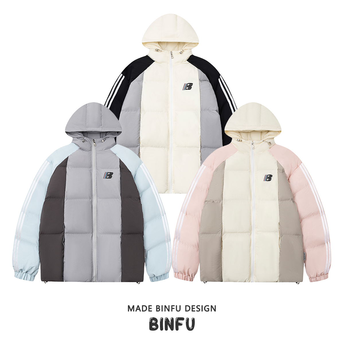 BINFU 冬装国潮情侣装嘻哈棉服运动风保暖面包服男女连帽棉衣外套