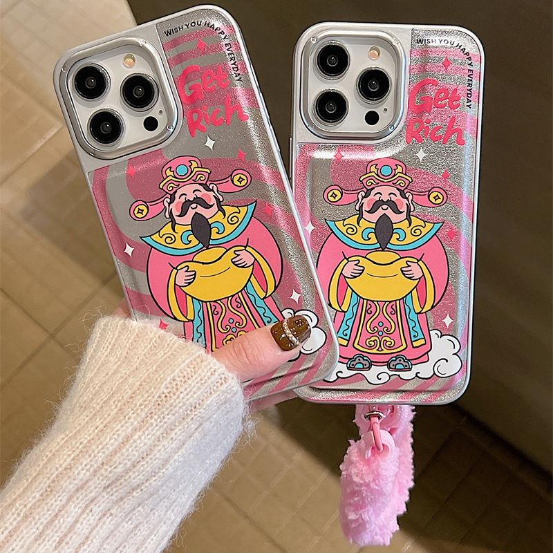 中国风元宝财神爷哑金贴皮苹果13/14promax手机壳iPhone15pro挂绳
