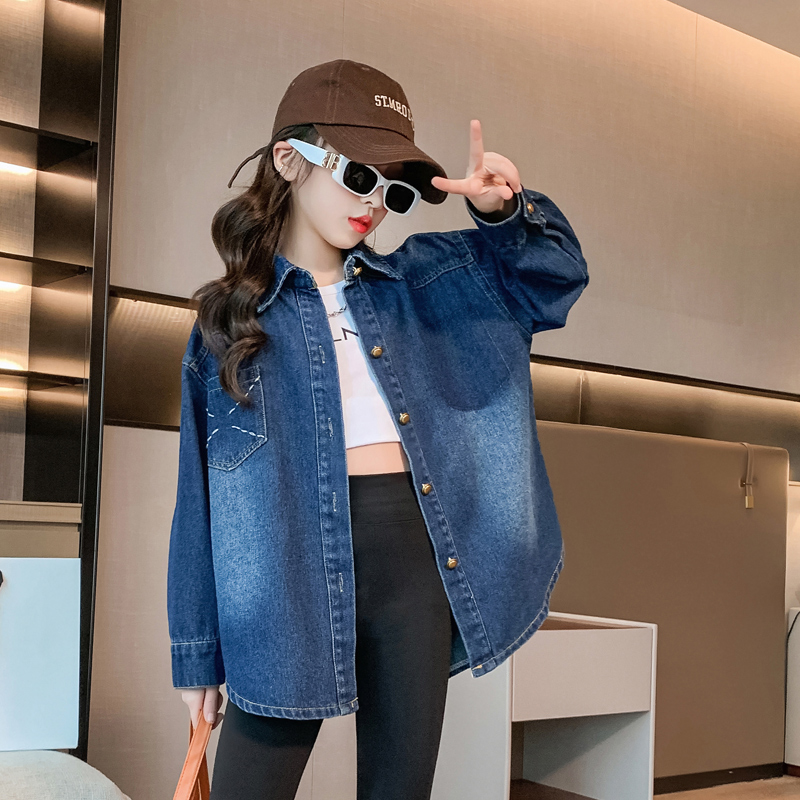 女童春装外套2024新款中大童8-15岁休闲宽松牛仔衬衫儿童潮款穿搭