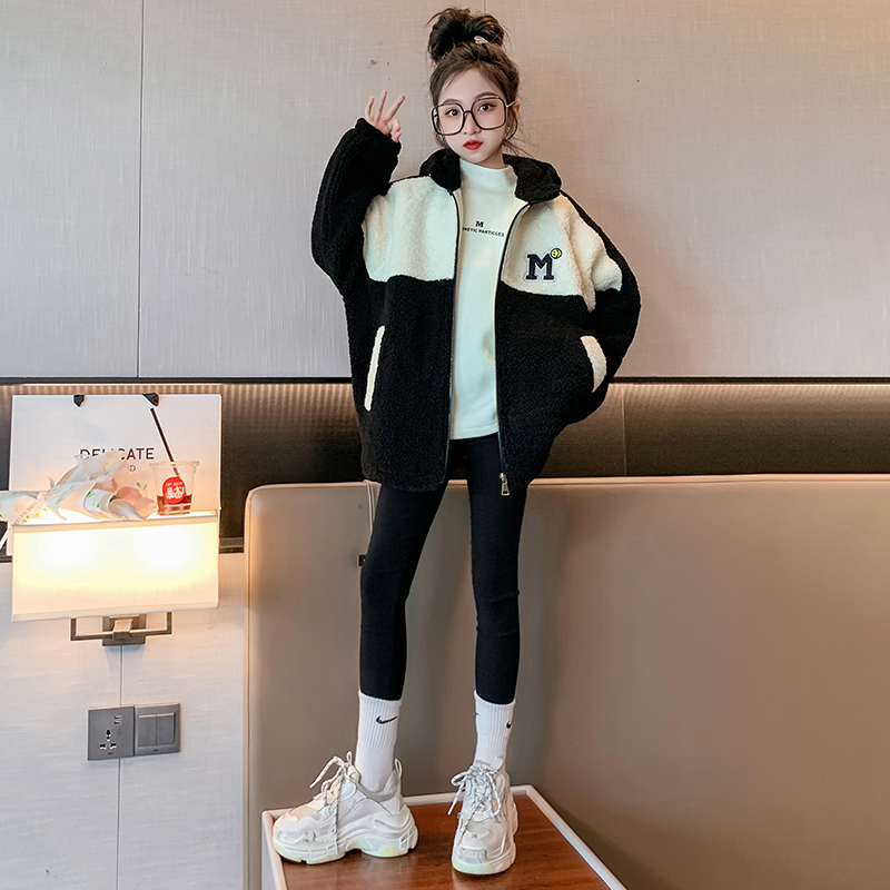 女童毛毛衣外套冬装2023新款儿童洋气加绒加厚中大童羊羔毛上衣潮