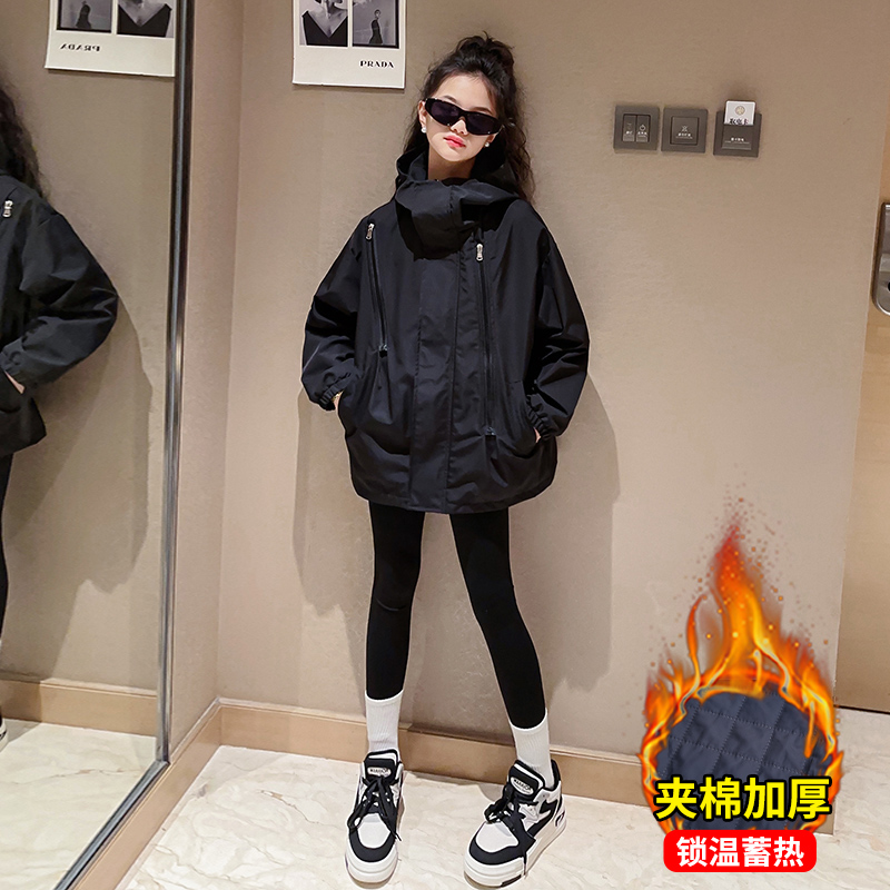 女童冲锋衣外套秋冬2023新款儿童洋气加厚中大童时髦夹棉冬季衣服