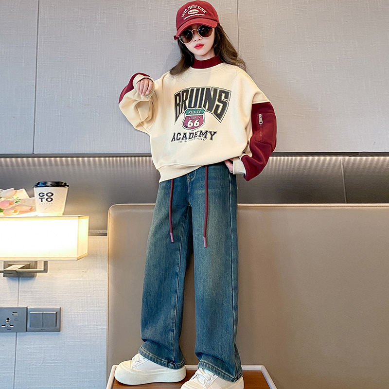 女童加绒卫衣套装2023新款洋气休闲加厚冬装中大儿童阔腿裤两件套