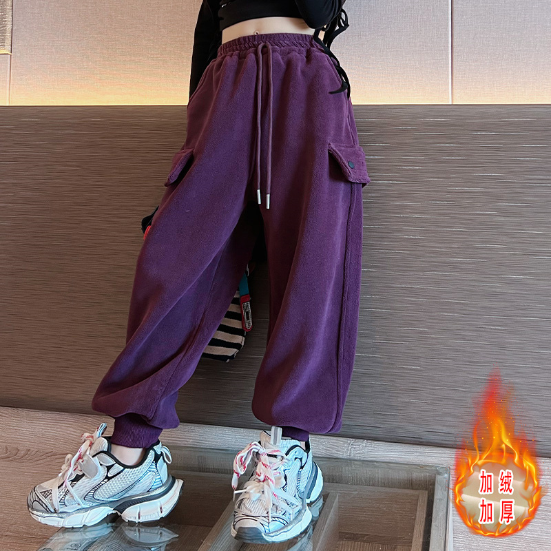 女童加绒工装运动裤2023秋冬新款洋气时髦中大儿童冬季宽松暖暖裤