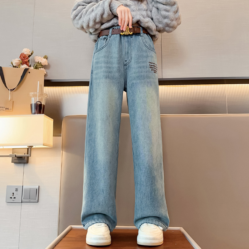 女童裤子秋冬款2023新款洋气中大童时髦冬季加绒儿童冬装牛仔裤潮