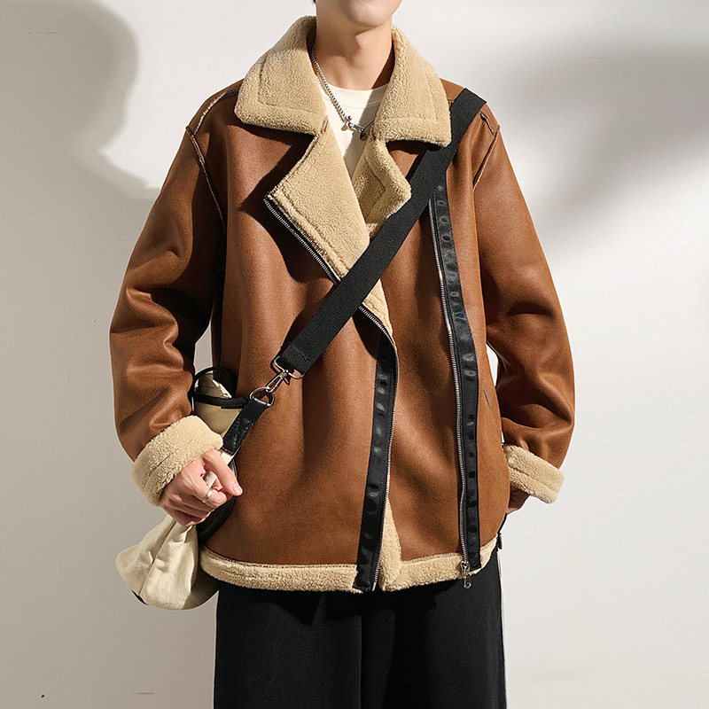 大码美拉德皮衣外套男款冬季加绒加厚美式潮牌皮毛一体机车服棉衣