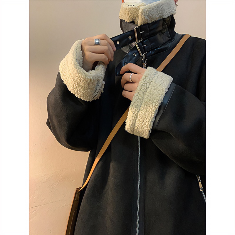 大码呢料皮毛一体机车服棉衣外套男冬季加绒加厚潮牌棉服宽松袄子