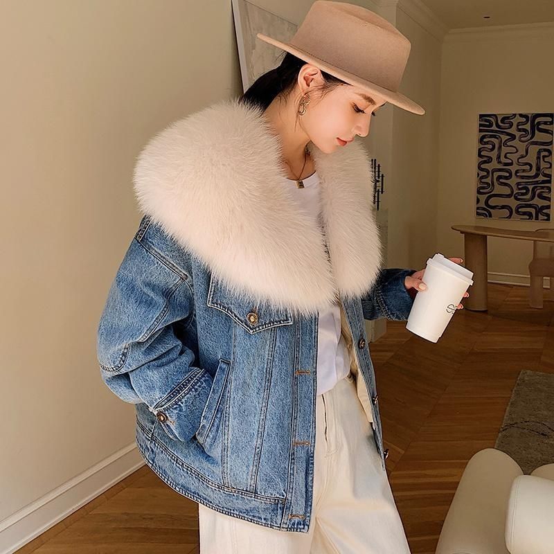 2023冬新款牛仔棉服可拆卸大毛领加厚派克服显瘦面包服仿皮草外套