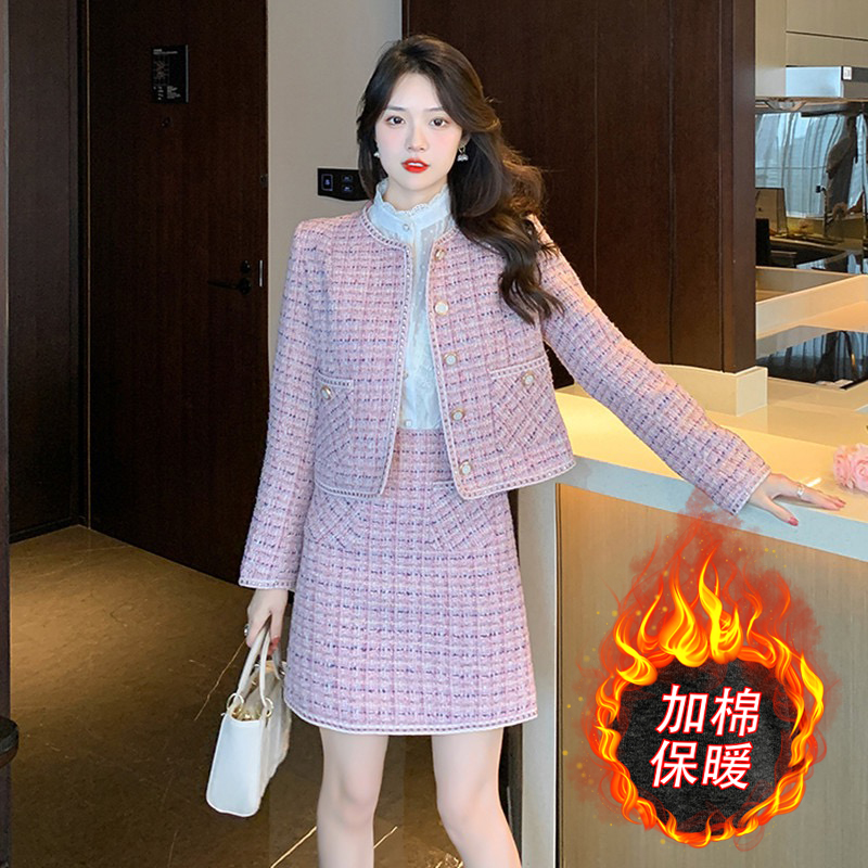 2023新款小香风套装轻奢减龄高级感洋气加棉保暖粉色两件套