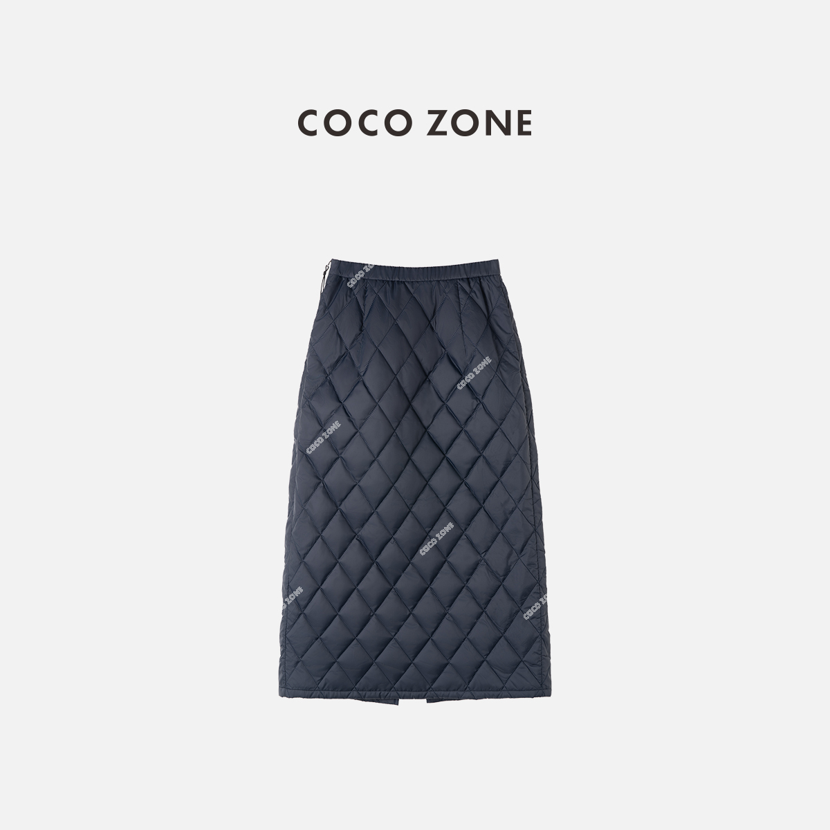 COCO ZONE 刘一一 设计感菱格松紧腰半身裙开叉中长裙CC1C2306