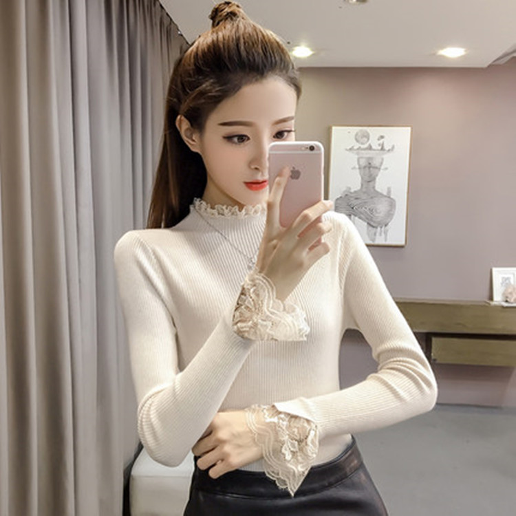 打底毛衣女蕾丝2023秋冬新款洋气显瘦修身套头针织衫女式上衣潮