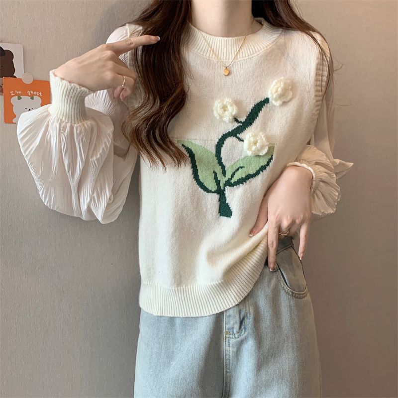 法式雪纺拼接设计感长袖针织衫女2023秋季新款假两件宽松显瘦上衣