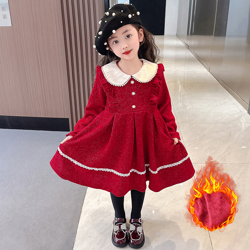 女童女宝2023新年装过年连衣裙加绒加厚裙花童表演出节目红色保暖