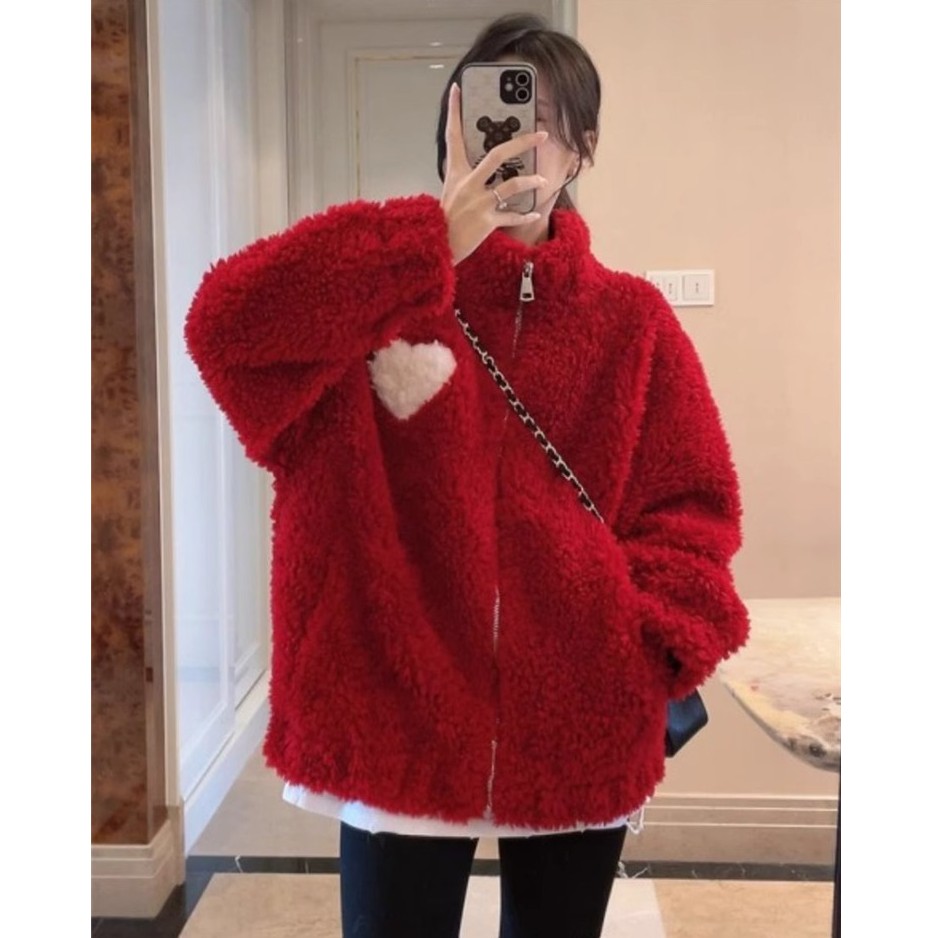 红色设计感加绒外套女2023年秋冬新款毛绒绒加厚立领百搭爱心卫衣