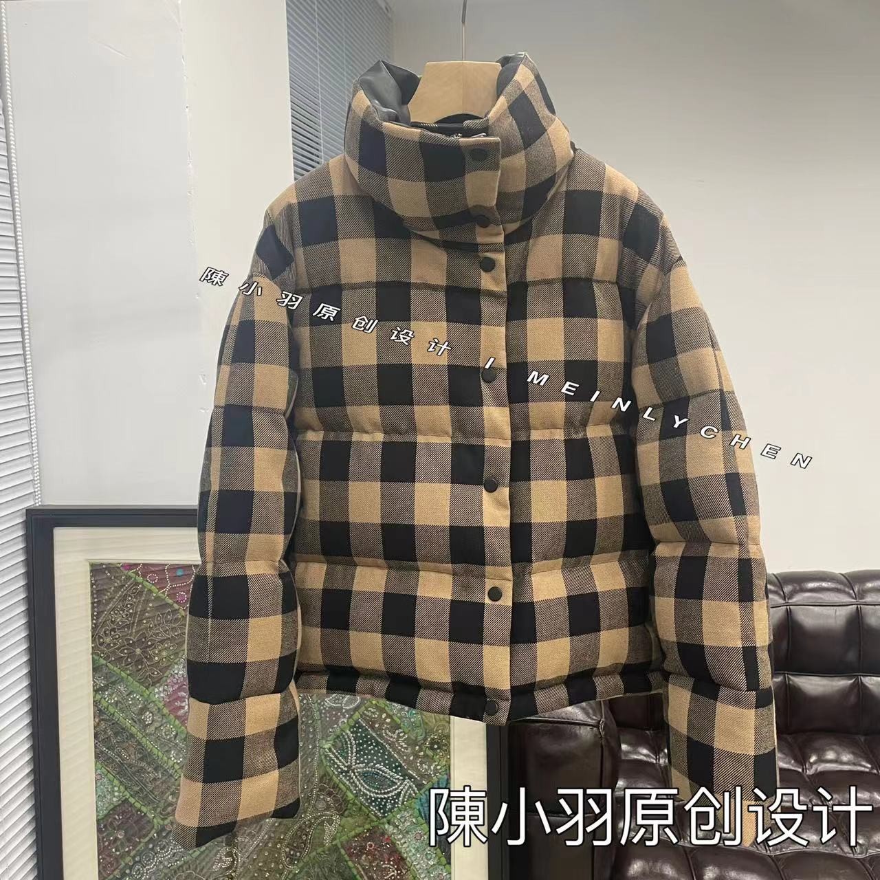 【MEINLY  CHEN】高端设计师款白鹅绒时尚立领格子羽绒服822314