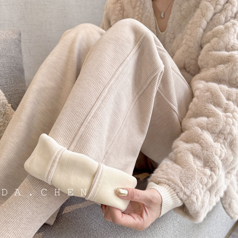 DA-“雅士小木扣阔腿裤”秋冬季高腰显瘦宽松直筒加绒加厚休闲长裤