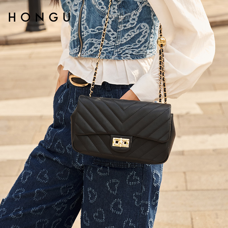 HONGU/红谷新款牛皮时尚绣线小金球斜挎包女包小香风百搭小方包