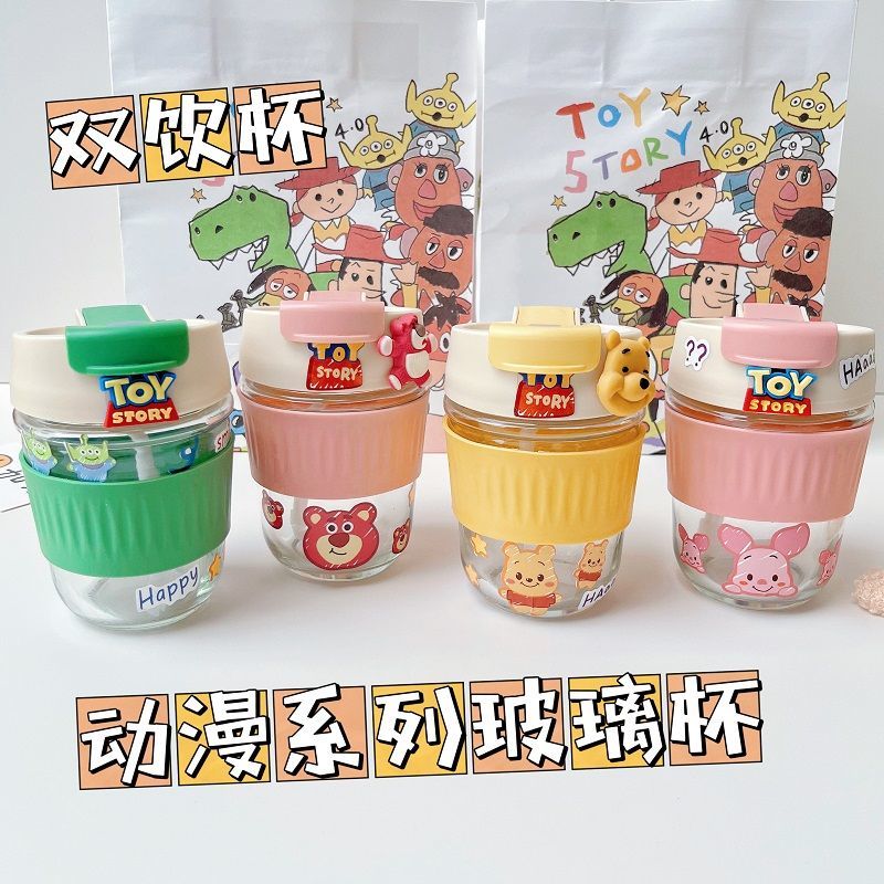噗噗杯子维尼熊玻璃杯子ins风高颜值玻璃杯草莓熊吸管水杯随手杯