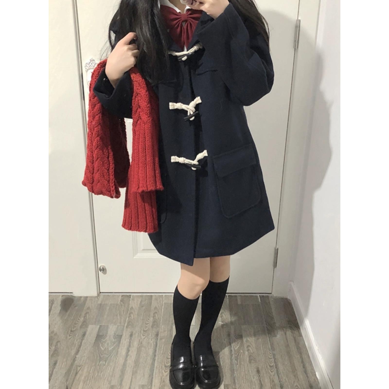 雅鹿JK校供感牛角扣大衣女秋冬季日系学院风小个子毛呢外套夹棉加