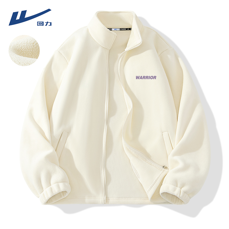 回力抓绒情侣外套男冬季美式简约印花oversize男士大码加绒夹克衫