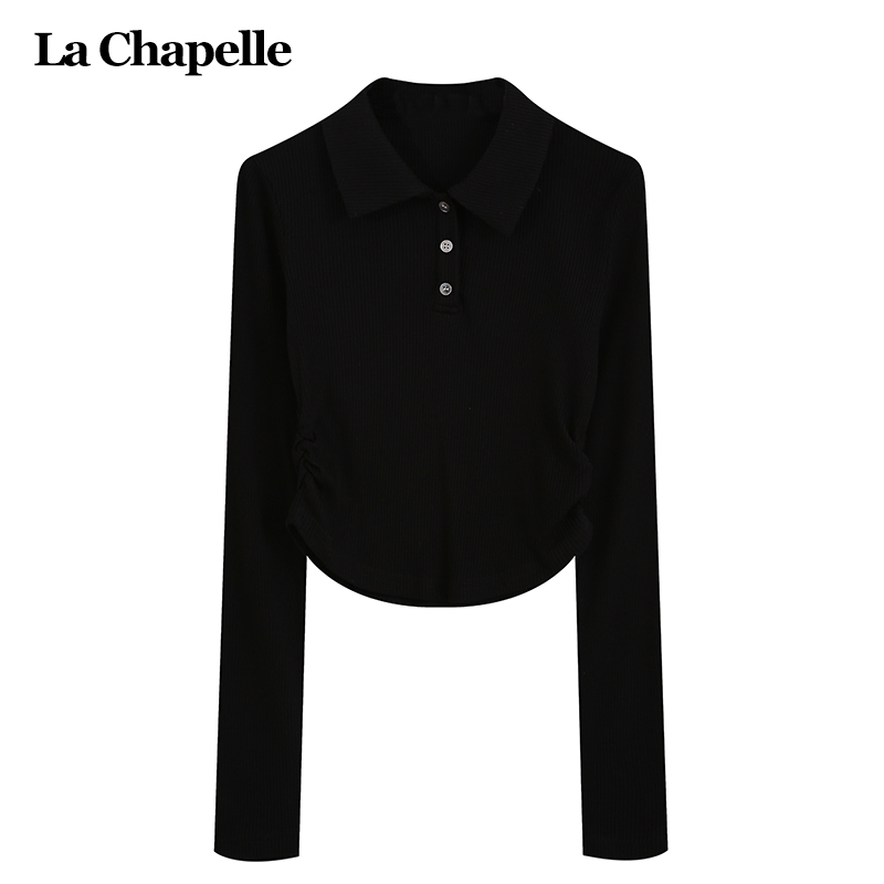 拉夏贝尔LaChapelle针织T恤女polo衫领长袖秋小个子修身百搭上衣