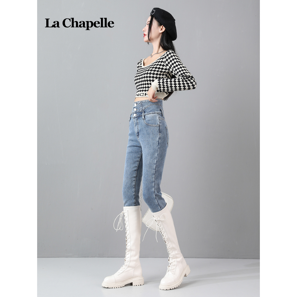 拉夏贝尔LaChapelle加绒高腰牛仔裤女春秋季设计感小众铅笔小脚裤