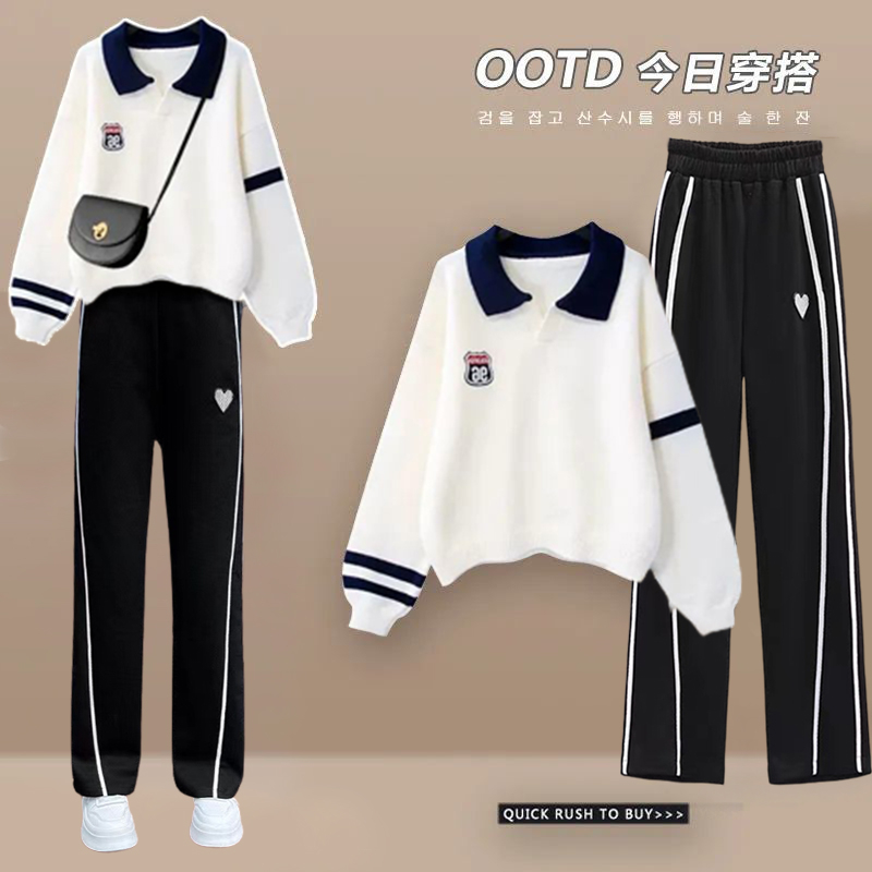女童秋季新款polo领卫衣中大童少女洋气长袖学生宽松休闲两件套装