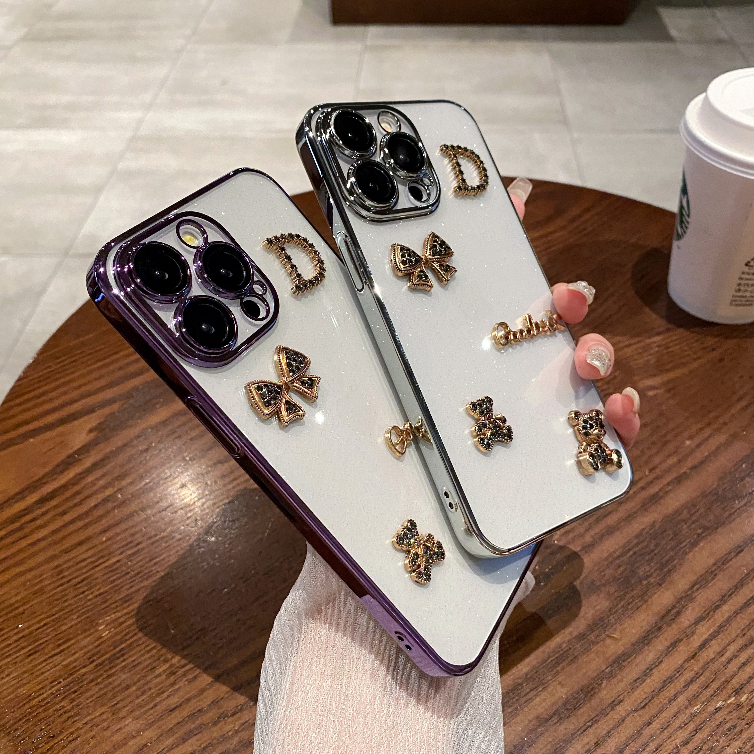 苹果15promax手机壳iPhone14电镀闪粉13创意立体小熊12自带镜头膜