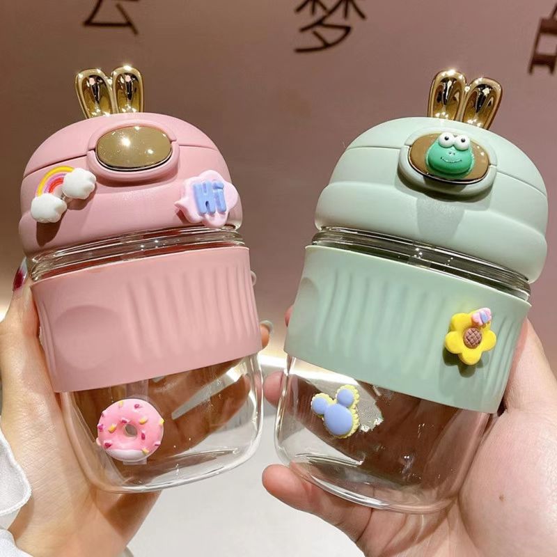【粉丝专属】萌兔吸管杯隔热防滑玻璃杯加厚弹盖高颜值简约咖啡杯