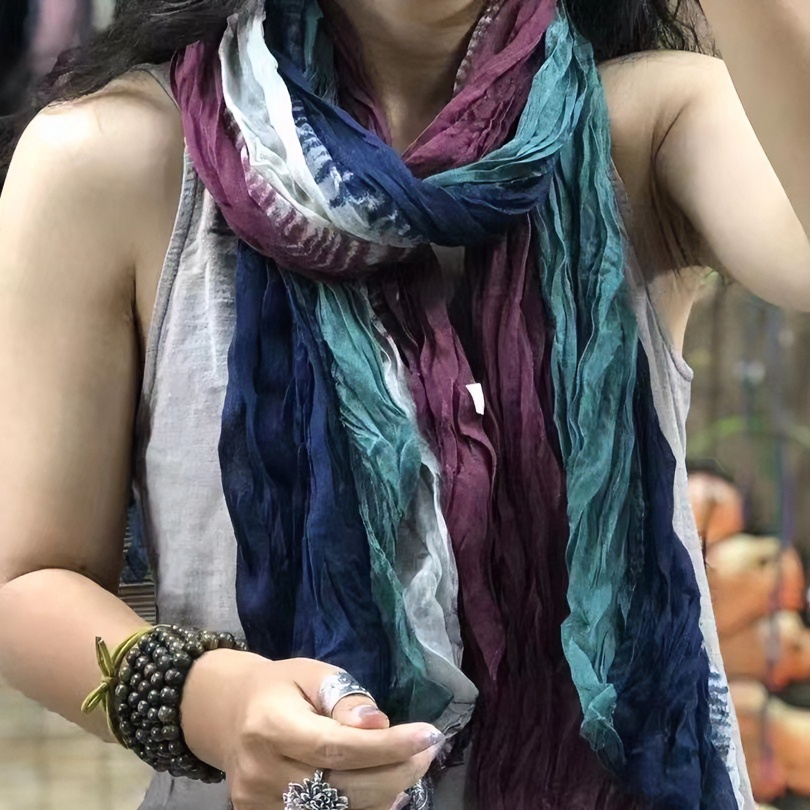扎染仿亚麻拼色围巾女文艺复古春秋百搭气质褶皱薄款围脖冬季棉麻