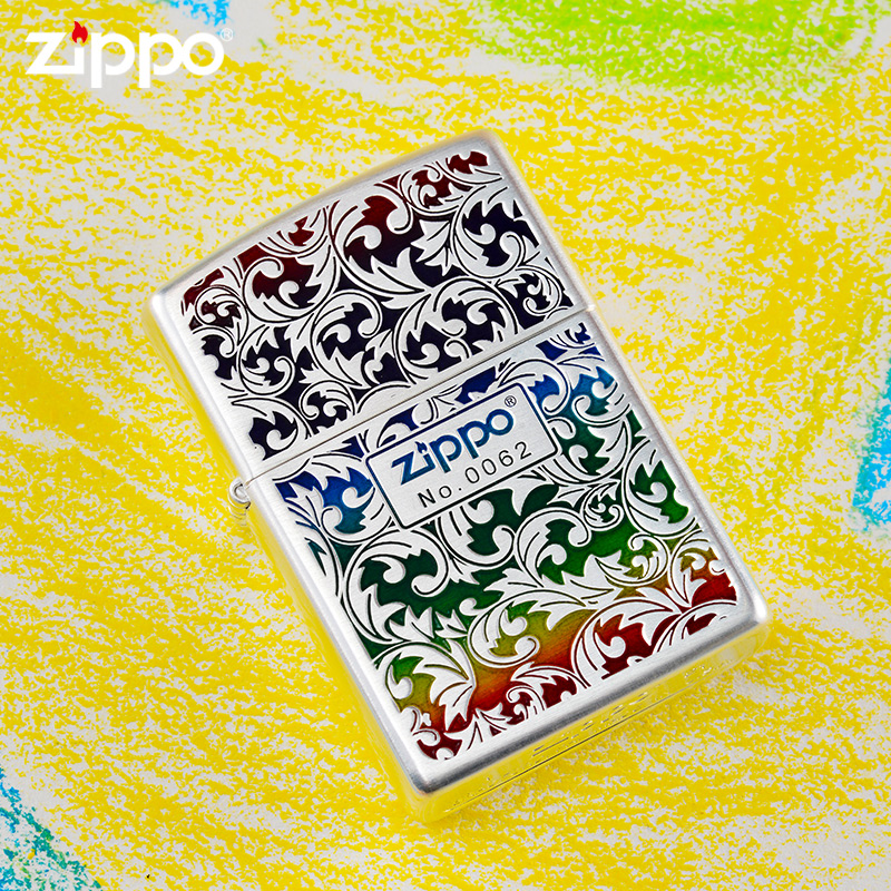 zippo打火机 包银彩虹唐草蚀刻填漆双面银色防风原装双色仿古彩色